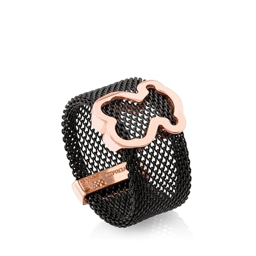 TOUS Anillo para Mujer de Acero IP Negro y Plata de Primera Ley Vermeil Rosa Motivo Silueta Oso, Talla 14, Colección Icon Mesh TOUS Anillo para Mujer de Acero IP Negro y Plata de Primera Ley Vermeil Rosa Motivo Silueta Oso, Talla 14, Colección Icon Mesh
