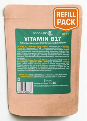 BOOS LABS das stärkste Vitamin B17 I 1000mg I 150 vegane Kapseln I 2 vegane Kapseln pro Tag I B17 Vitamin Kapseln Hochdosiert in 2 Kapseln I Bittere Aprikosenkerne direkt aus der Natur I im Beutel