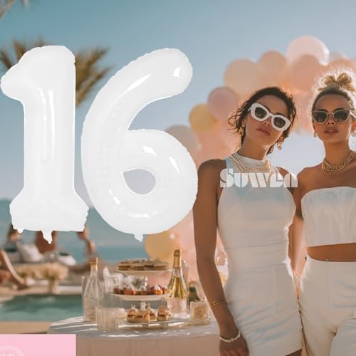 Image of SUWEN 40 Inch White Large 16 Balloon Number Big Foil Helium Numbers 0-9 | Giant Jumbo Happy 16th Birthday Party Decorations for Men or Women Huge Mylar 61 Anniversary Party Supplies