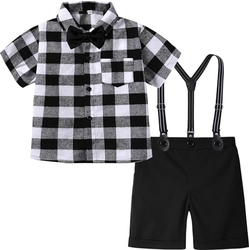 Image of A&J DESIGN Toddler Gentleman Outfit Boy Easter Wedding Formal Suspender Summer Flannel Tartan Dress Checkered Suits Buffalo Plaid Black 2-3T