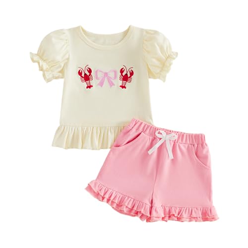 lisenraIn Toddler Baby Girl Crawfish Outfit Lobster Short Sleeve Ruffled T-Shirt Tops Shorts Set Baby Summer Clothes (Khaki 18-24 Months)