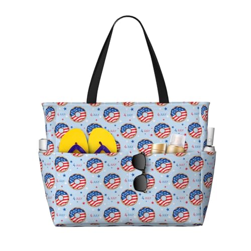 Large Beach Bags Water-resistant Sandproof - Donut with the USA Fag Cute Beach Tote Bags for Women with Zipper