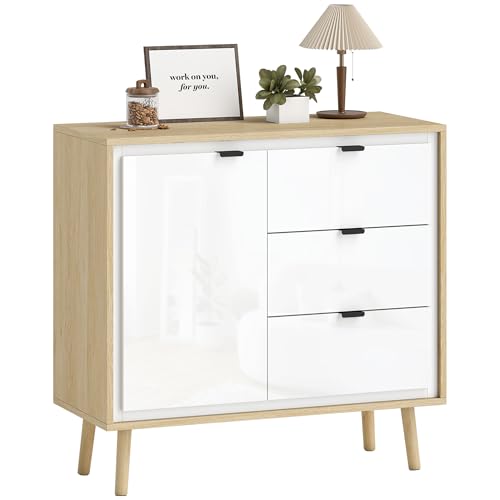 HOMCOM Aparador de 1 Puerta, Aparador de Salón Moderno con 3 Cajones, Estante Ajustable y Patas de Madera, para Cocina, Entrada, Dormitorio, 80x35x77 cm, Blanco Brillo y Roble