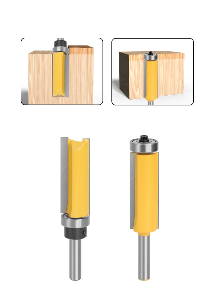 2 pieces 8 mm x 19.05 mm x 96 mm shank flush cutter, extra long, for woodworking, top/bottom bearing flush trim bit, inserts for trimming