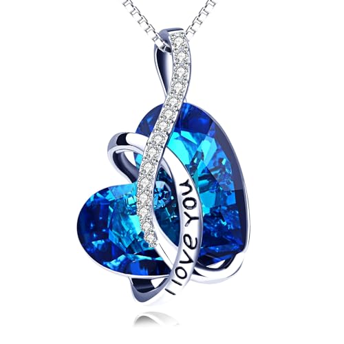 AOBOCO I Love You Sterling Silver 12 Birthstone Heart Pendant Necklace Embellished with Crystals from Austria, Mother's Day Anniversary Birthday Jewelry Christmas Gifts for Women Grandma Nana