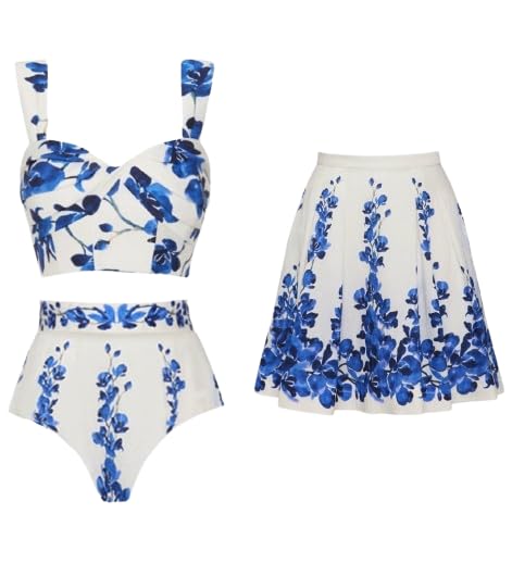 Blue Floral High Waisted Bikini Set with Midi Cover Up-image-23