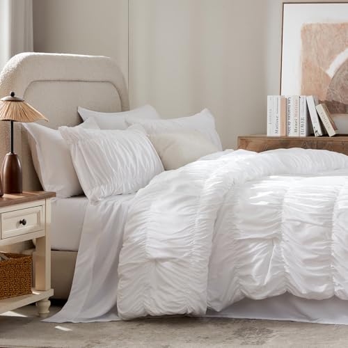 Image of Andency Ruched Oversized Queen Comforter Set White, 7 Pieces Ruffle Bed in a Bag, Shabby Chic Pleat Bedding Set with Comforter, Sheets, Pillowcase & Sham, Lightweight, Soft, All Season