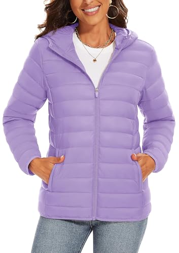 TAVCASEN Ladies Jacket Quilted Padded Down Coats Hooded Outdoor Down Jackets Full Zip Casual Padded Jacket Lightweight Jacket,Light Purple,XL