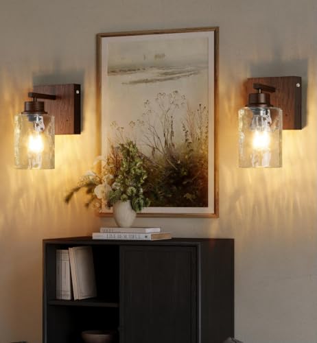 Image of Rayogale Hammered Glass Battery Operated Wall Sconces Set of Two Walnut