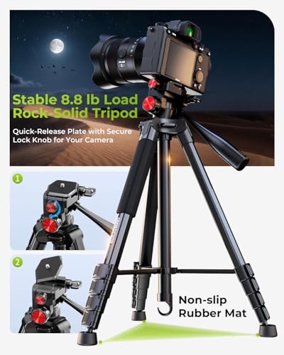 Image of CAMBOFOTO 72 inch Camera Tripod for DSLR and Cell Phone, Pan Head, Aluminum | Portable Tall Tripod Stand with Phone Holder &Quick Release Plate, Compatible with Canon iPhone for Live Video Vlog Recording