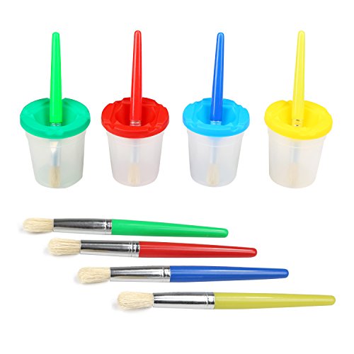 NEWSTYLE Vasos de Pintura a Prueba de derrames,4 vistoso vasos de pintura con Tapas & Pincel de cerdas de Pintura Color Surtido,Herramientas de Dibujo para Ni�os Peque�os Suministros de Arte