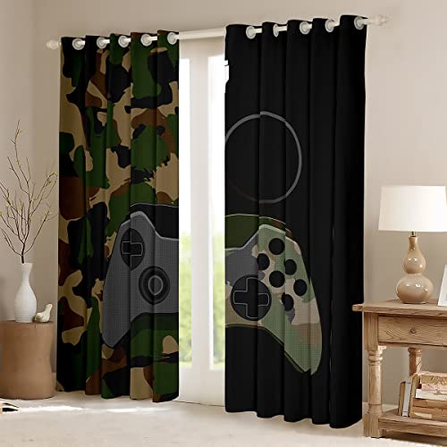 Gamer Curtains Camouflage Gamepad Printed Window Curtains Army Green Video Games Decor Player Gaming Window Drapes For Adult Girls Kids Teens Boys Living Room Bedroom Curtain Panels,2 Panels 42"X84" #TOP1