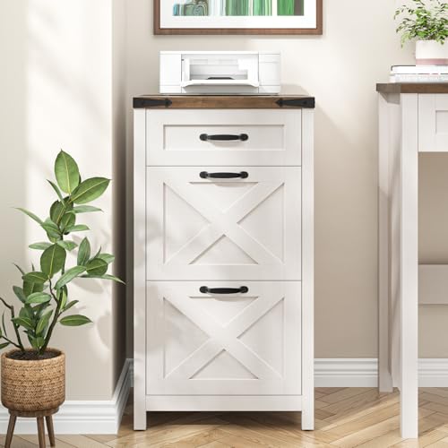 Halitaa 3 Drawer Small File Cabinet Farmhouse Vertical Filing Cabinet Fits Letter/A4 Size Rustic White and Brown