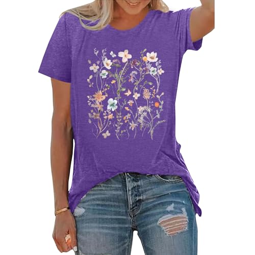 BLACKOO Women Graphic Tee Casual Floral T Shirts Heather Purple Large