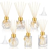 6 Pcs Reed Diffuser Gift Set Empty Reed Diffuser Bottle and 30 Pcs Sticks with Metallic Leaves Decoration Funnels 3.4 oz Fragrance Glass Prismatic Bottles for Essential Oil DIY Home Office, 6 Styles