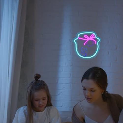 Image of Cute Honey Pot Neon Sign for Wall Decor, Icy Blue & Pink Dimmable LED Signs, 9.5 inch Acrylic USB 5V Light for Kitchen Decor, Bee Lover Gift, Baby Shower, Nursery Room Wall Art