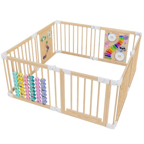 YZNVCG Baby Playpen - Adjustable Multi-Shape Wooden Play Yard Portable Collapsible Activity Center with Baby Fence Play Area & Toys for Infants Toddlers (57x57x24inch)