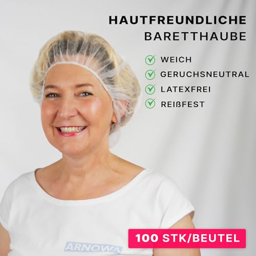 100x ARNOMED Baretthauben Weiß, Haarnetz 52cm Umfang, OP Haube aus Vlies-Stoff, OP Haube Einweg, Haarnetz für Küche & Zahnarzt, Haube, Haarnetze Arzt Zubehör, OP Hauben Unisex, Bonet Haube für Haare