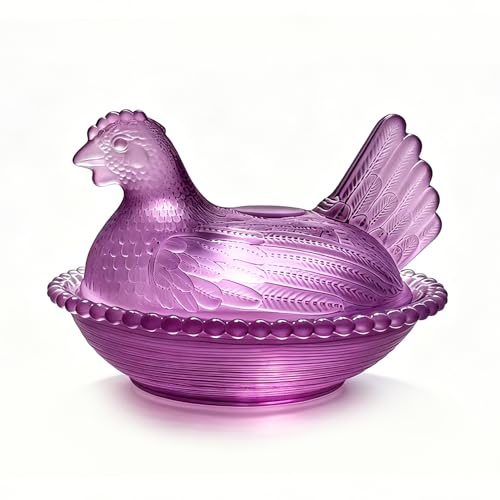 FIEATES Candy Dish with Lid Glass Hen on Nest Vintage Funny Candy Dishes Snack Bowl for Nuts Dessert Cookies Biscuit Decorative Jar Home Kitchen Office Tabletop Decor (Purple)