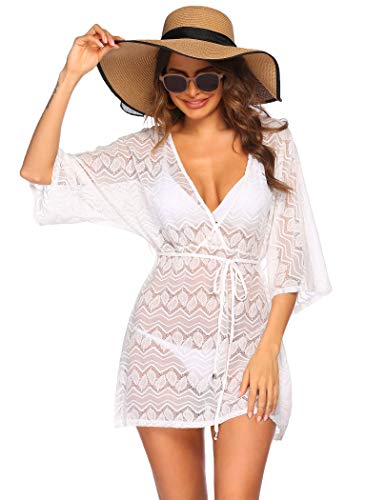 Hotouch Damen Strandkleid Große Größen Loose Sexy Spitze Bikini Cover Up Bademode Weiß M Cover