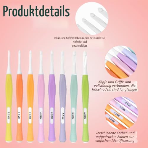 KALIONE Häkelnadel-Set 8-teilig mit ergonomischen Griffen 2,5-6 mm – Bild 3