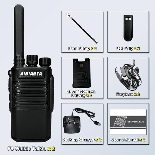 Walkie Talkies Long Range for Adults AIBIAEYA F8 with 1500mAh Charging Battery,16 CH 462Mhz Two-Way Radios Licence Free walkie talkies for Kids with Earpieces(2 Pack) - 5