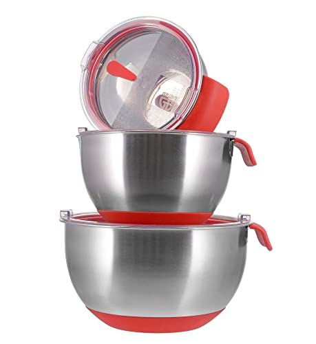 GRÄWE Rührschüssel, Salatschüssel, 3-teiliges Schüssel Set, Edelstahl Schüssel mit Deckel, Blikon, 1L, 2L, 4L, Metallschüssel, Teigschüssel, Backschüssel, Antirutsch Boden