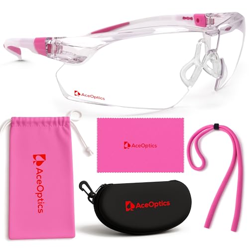 41Vye4WUSUL. SL500 Aceoptics Pickleball Safety Glasses for Women – ANSI Z87 Certified Shooting Glasses with ClearShield Anti-Fog, Scratch Resistant Lenses – Includes Strap, Case, Pouch & Cloth (Pink & White/Clear)