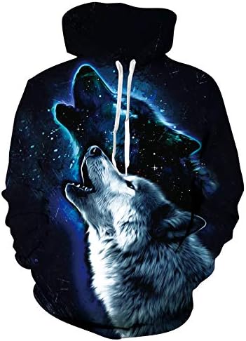 Loveternal Wolf Hoodies for Men Boys Cool Animal Printed Hooded Womens Warm Deep Blue Weird Pullover Shirts Youth Teens Light Fleece Sweatshirt S
