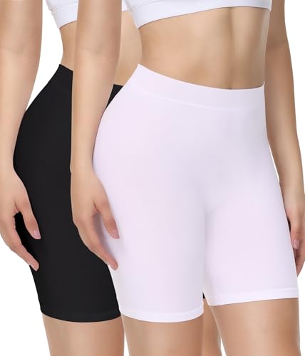 Yeblues 2 Pack Women Slip Shorts for Dresses,Soft Stretch Under Shorts Seamless Panties Boyshorts for Yoga/Workouts(Black+White,XX-Large)