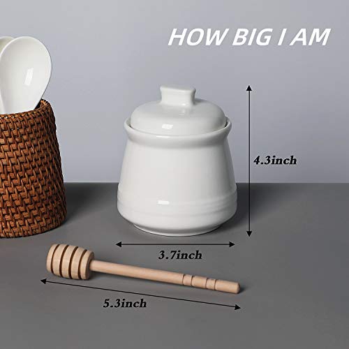LEETOYI Porcelain Honey Jar with Lid and Honey Stick,Ceramic Honey pot,12oz (White)