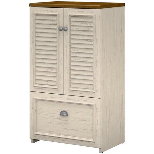 Bush Furniture Fairview 2 Door Storage Cabinet with File Drawer in Antique White and Tea Maple