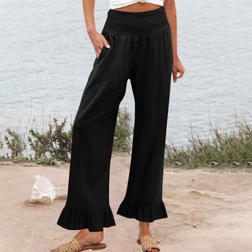Image of Womens Linen Palazzo Pants Ruffle Hem Drawstring Boho Trousers Beach Travel Vacation Outfits