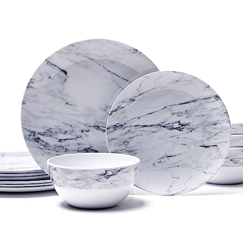 Tp 12-Piece Dinnerware Set, Melamine Dishes Set With Bowls And Plates, Non-Breakable Lightweight Dinner Service For 4, Marble #TOP10