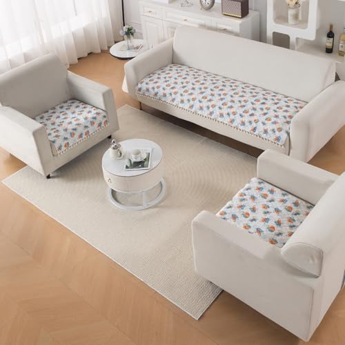 Image of HOKIPO Abstract Petals Quilted Sofa Cover 5 Seater Set - Washable 3+1+1 Sofa Cover Mat with Tassel Design | 'Tassel Twigs' Series (IN-985-T10 + IN-982-T10*2)