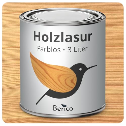 Berico Holzlasur - Farblos - 3 Liter Lasur - Transparent - Wetterfeste Holzschutzlasur für Innen und Außen - Holzschutz, Wetterschutz und UV-Schutz