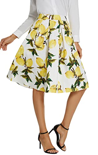 Image of Tandisk Women's Vintage A-line Printed Pleated Flared Midi Skirt with Pockets