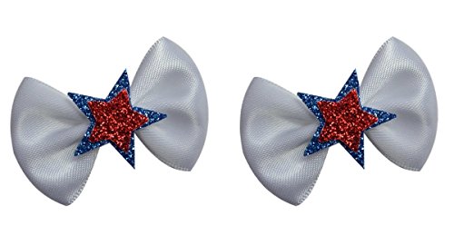 Baby Girls Mini Satin Sparkling Stars 4th of July Hair Bow Set by Funny Girl Designs (Baby Snap Clips - For Fine Wispy Hair, White)