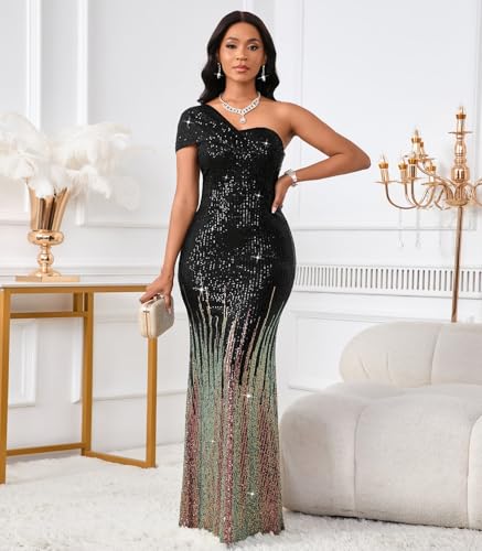 Image of Cololura Women Sexy Sequin One Shoulder Mermaid Formal Party Cocktail Gowns Bodycon Evening Maxi Dress