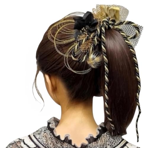 flower studio no107 水引フラワー髪飾り 成人式 結婚式 卒業式 七五三 髪飾り アーティフィシャルフラワー プリザーブドフラワー (ブラック×ゴールド)