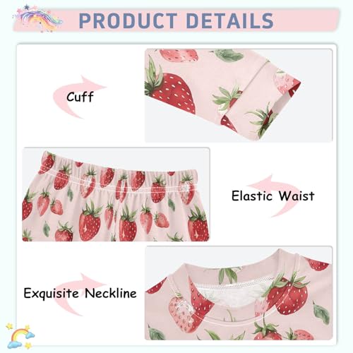 Pink Strawberries Pattern Cute Pajama Sets Long Sleeve Top and Pants, Snug Fit Sleepwear for Night Wears4