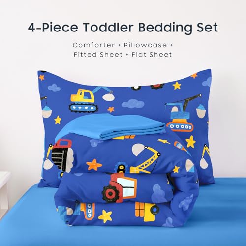 Image of Wake In Cloud - Toddler Bedding Set for Boys, Construction Car Excavator Truck, 4 Pieces Soft Crib Bed Set Including Comforter, Sheets and Pillowcase, Blue