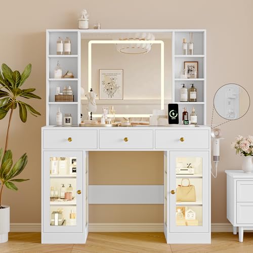 Image of Makeup Vanity Desk with Mirror and Lights, 43 inch White Vanity with Glass Top, Jewelry Storage, 3 Drawers & Glass Cabinets, Power Outlet & Adjustable LED Lights, Dressing Table for Women & Girls Bedroom