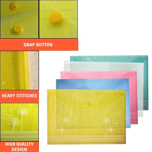 Image of Shuban Document File Folders with Snap Button Closure, Waterproof Plastic Envelope Pouches for Letter /A4 Size Paper, Assorted Transparent Colors (Style-2-Floral Dandelion Design Folder-5Pcs-Mix Color)