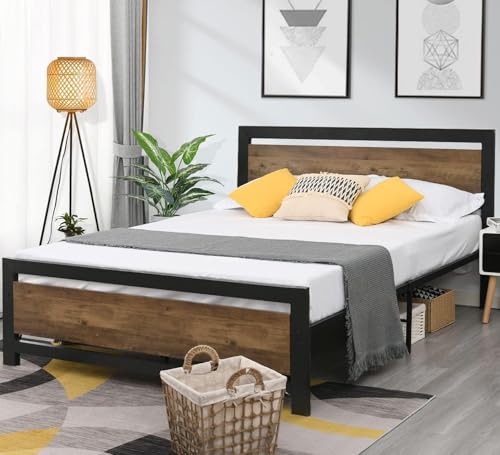 Image of Catrimown Full Size Bed Frame with Headboard, Full Metal Platform Bed Frame with Steel Slat Support, 10.5 in Storage Clearance, No Box Spring Needed, Easy Assembly, Black Brown
