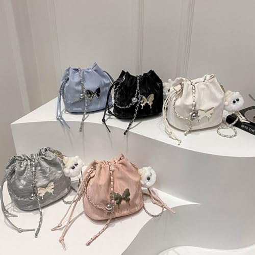 Women Shoulder Bags PU Butterfly Bucket Chain Crossbody Handbags(White)3