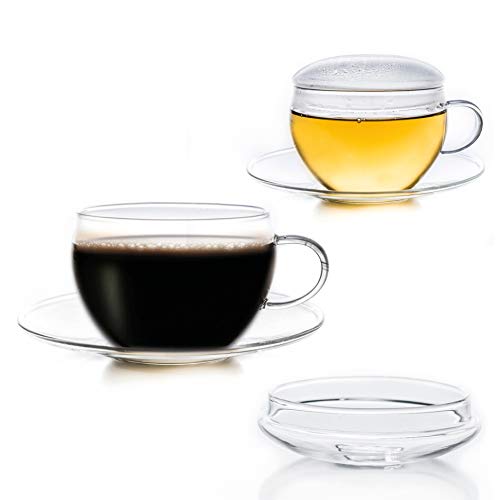 Creano Conjunto de 2 Taza de Vidrio con Platillo y Tapa, Práctica para los Tés de Floración, ExqusiTea, Capuchino, Latte…