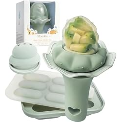 Moonkie Baby Fruit Feeder for Self-Feeding: Controlled Flow Design with 2 Pouches for Safe First Foods - BPA Free Silicone Food Feeder with Freezer Tray for Cooling Comfort - 4 Months+ - 1 Pack