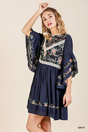 Umgee Usa Women's Floral Lace Bell Sleeve Keyhole Dress (Small, Navy) #TOP2