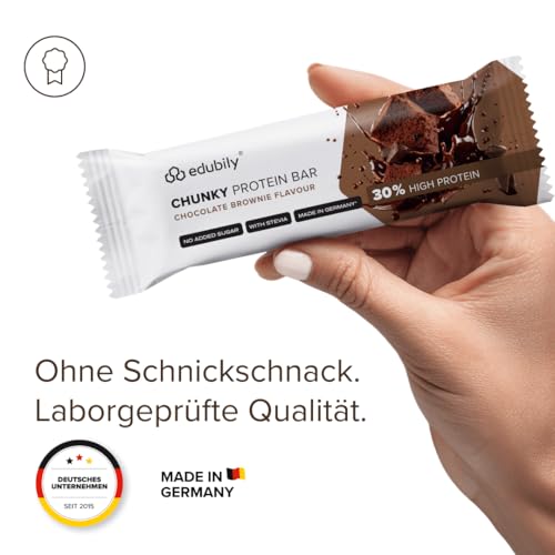 edubily nutrition® Chunky Protein Riegel - 12 x 45g - 30% Protein - Mit Protein-Crispies - Ohne Zuckerzusatz & ohne Sucralose - Mit Stevia & Maltit - Chocolate Brownie Geschmack - 540 g